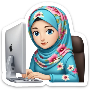 Turkish beautiful finish Konya girl blue eyes and floral hijab and dress and she work on office with computer sticker