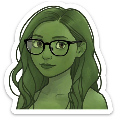 Light skinned Woman with dark roots brown  balayaged long hair and quadratic thin glasses sticker