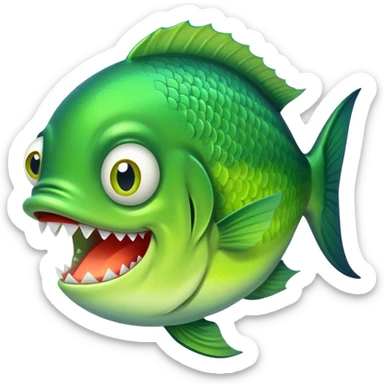 super derpy bright green fish shown from side profile facing right, but with both bulging eyes comically looking at viewer, buck teeth, drooling mouth, flat 2D side view only sticker