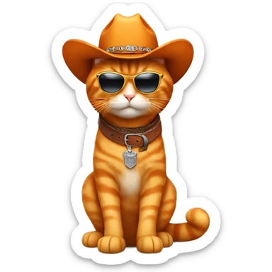 Orange cat wearing cowboy boots, cowboy hat, sunglasses & a belt sticker