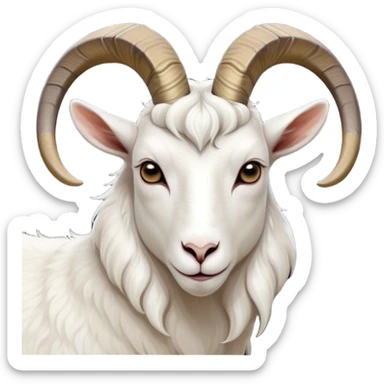 Cinematic Noble White Goat Portrait Emoji, Poised and regal, with a sturdy, agile build and a pristine, smooth white fur accented by gracefully curved horns, deep-set soulful dark eyes, Simplified yet sharp and sophisticated features, highly detailed, glowing with a soft, dignified glow, high shine, intelligent and spirited, stylized with an air of pastoral elegance, focused and attentive, soft glowing outline, capturing the essence of a watchful and confident goat, so majestic it feels as though it could leap out of the screen with effortless authority! sticker