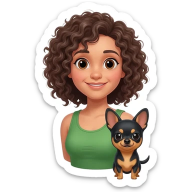Une fille. Cheveux bouclée. Porte à maillot. Vert. Avec un chihuahua noir marron poil courut c'est une fille daisy tous les 2. Avec sa maîtresse avec. Et moi mmatichienne sticker