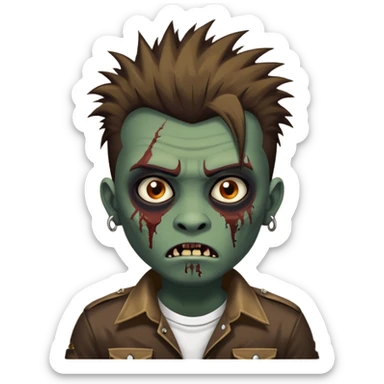Um garoto zombie de cabelo castanho escuro, com o cabelo chegando no pescoço, punk, com olhos castanhos esverdeados, de camisa branca sticker