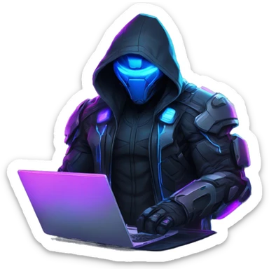 developer behind his laptop with this style : crysis Cyberpunk Valorant neon glowing bright blue character blue black hooded assassin themed character sticker