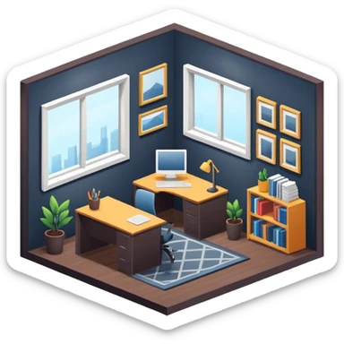An isometric 3D room with two walls that meet at the back left and right and a Window. Dark Colors. Home Office sticker