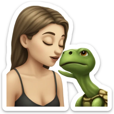 A white girl with dark hair kisses a little turtle sticker