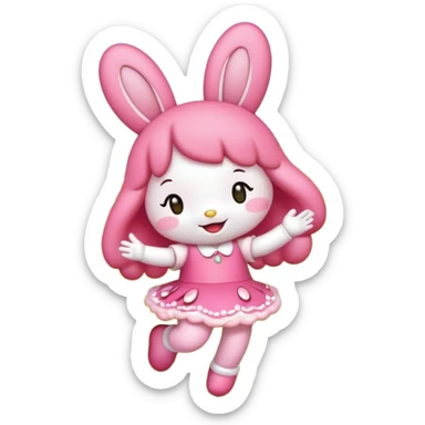 My melody dancing in a meadow of flowers while eating a strawberry sticker