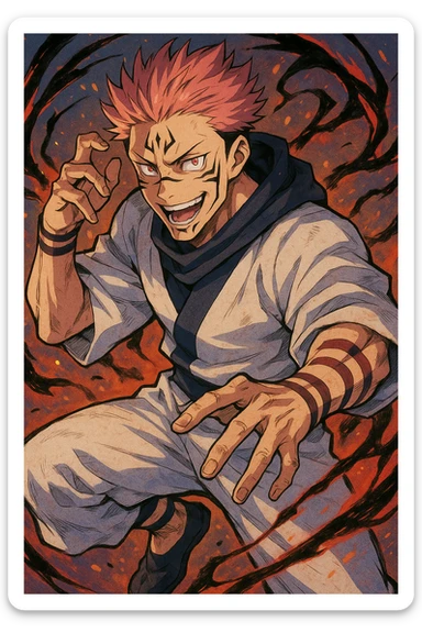 Sukuna character inspired by anime style, visual interpretation 1, detailed, dynamic pose, vibrant colors sticker