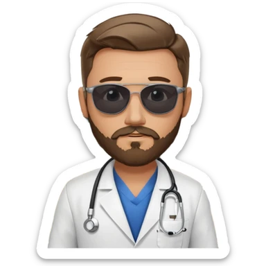 White tesla model 3 and one cool physician with dark blond hair, beard, stetoscope and dark sunglasses next to it sticker