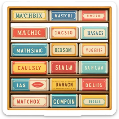 Icon for Matchbox Collecting: a collection of vintage and colorful matchboxes from different places, neatly displayed in a row or in a display case. The icon should reflect the uniqueness and diversity of matchbox collecting. Transparent background. sticker