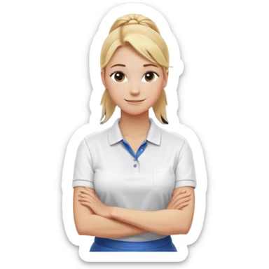 A friendly and professional laundry worker with blonde hair tied back in a casual ponytail. She wears a clean white polo shirt and stands confidently with her arms crossed in front of an industrial washing machine. Her warm smile conveys a welcoming and approachable demeanor. sticker