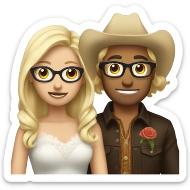 Blonde haired cowboy with glasses marrying a dark haired alternative woman  sticker