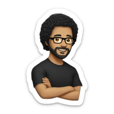 men with black curly hair and beard and golden glasses in black t-shirt work on computer sticker
