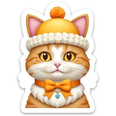 cat wearing a creamy cake hat with fun necklace around his neck and a yellow bow in the middle sticker