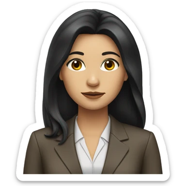 Female defense attorney with long black hair with brown suit sticker