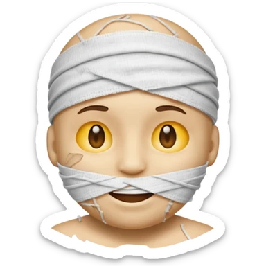 A battered emoji, bandaged head, scratches, but smiling sticker