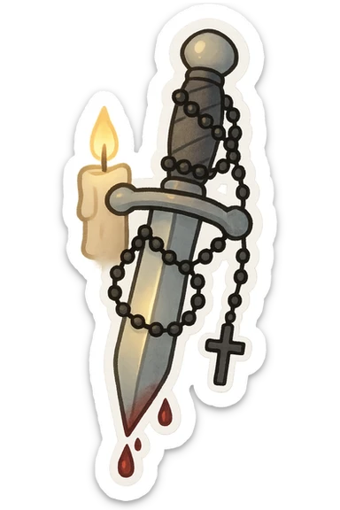 chibi-style silver dagger wrapped in a black rosary, tiny crucifix hanging from the hilt, soft glow around the blade, blood droplets on the tip, gothic Catholic aesthetic, muted tones of silver, black, and crimson, glowing softly under candlelight, dramatic yet reverent sticker