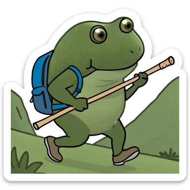 bufo hiking uphill with a stick and backpack sticker