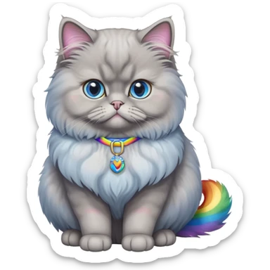 gray Persian cat full body sitting with blue eyes and rainbow belt sticker