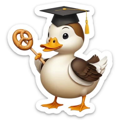 duck wearing bread shaped like a graduation cap and holding a pretzel sticker