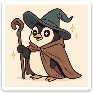 cartoon penguin wizard wearing cloak and holding staff, twinkling eyes, whimsical style, light background sticker