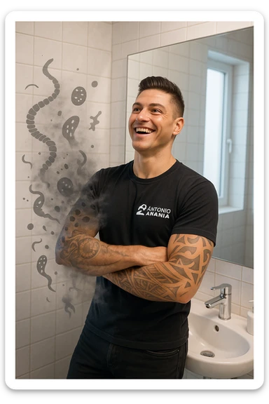 a man stands in a brightly lit bathroom, looking relieved and revitalized as he examines his reflection in the mirror. In the foreground, stylized, shadowy images of parasites (such as worms or protozoa) are shown leaving his body, dissolving into mist or fading away. His posture is upright and his expression is one of newfound energy and health. sticker
