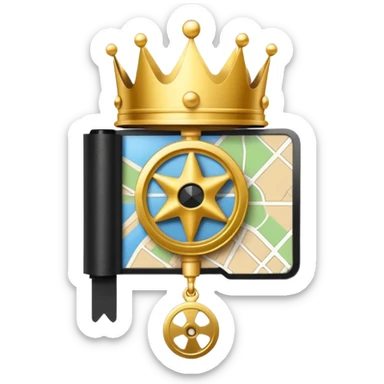 map pin with film reel and crown, elegant and shiny, premium video location, apple style emoji sticker