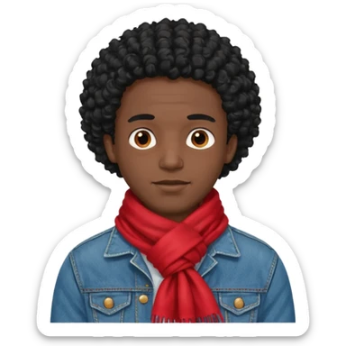 black skin man, curly black hair wear red scraft, jean jacket sticker