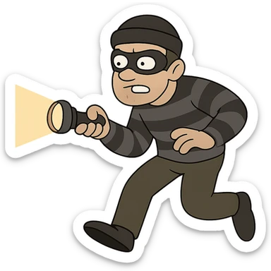 white man dressed as a robber, sneaking with a flashlight, flat toon style sticker