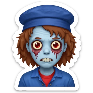 brown fluffy hair zombie with blue and white hat dark blue jilet red t shirt sticker