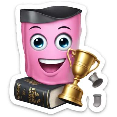 Happy face with tears in eyes and a pink bow holding a Stanley cup and book sticker