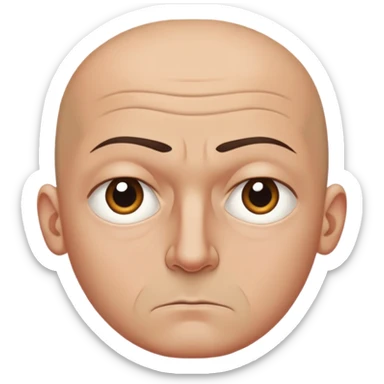 Steven Miller, bald, scowling expression, narrow rectangular head, bottom lip sticking out, eyelids almost closed and lower on the outside, very dark circles around eyes sticker