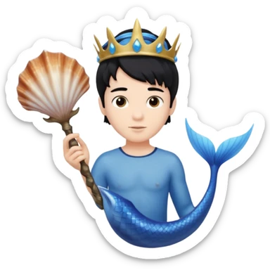 boy, black hair, brown eyes, white skin, Triton, with Triton in hand and blue Triton tail  sticker