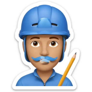 Man wearing a blue bike helmet and a pencil in his nose sticker