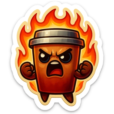 Tall coffee cup, angry, on fire, clenched fists, yelling sticker