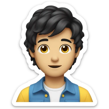 emoji of a boy with full black hair, white, brown eyes wearing a blue shirt with yellow sleeves sticker