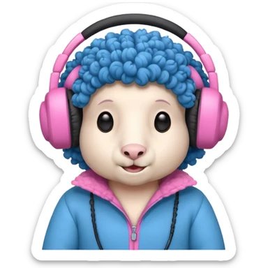 blue curly haired sheep with headphone and pinkcostumes  sticker