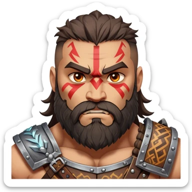 Clash of Clans aesthetic: Cinematic Rugged Barbarian Portrait Emoji, Intense and formidable with a heavily muscled physique, a rugged beard, piercing eyes, and battle-worn armor adorned with tribal markings, his expression fierce and resolute, Simplified yet powerfully detailed features, highly detailed, glowing with a deep, primal energy, high shine, gritty and uncompromising, stylized with an air of raw, untamed power, focused and determined, soft glowing outline, capturing the essence of a barbarian warrior carved by countless battles and poised to lead his clan into epic conflict! sticker
