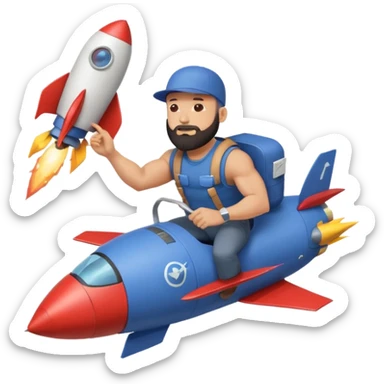 Bald muscular guy with beard and backwards cap, riding rocket, holding Instagram logo, papers trailing behind, minimal style sticker