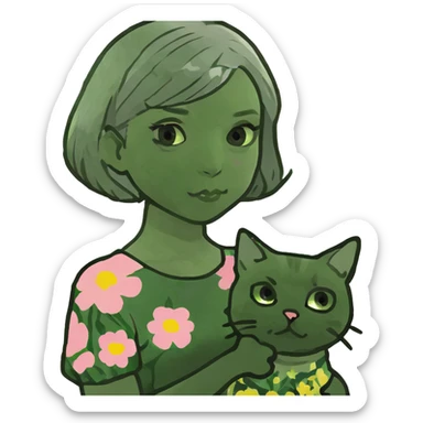 Asian gal , beige hair holding a grey short hair cat sticker