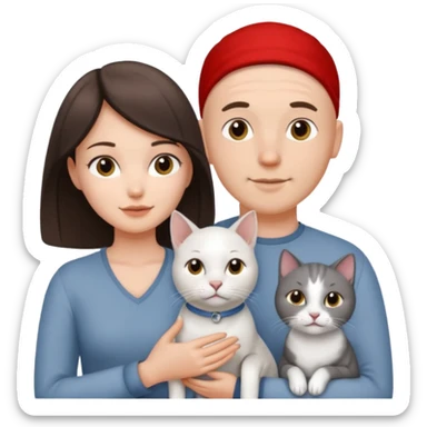 Bald guy and brunette girl with a white dog and Grey cat sticker