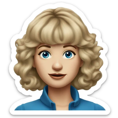 Medium length Dirty blonde poofy hair with bangs all across forehead and sides swept away from face woman of 60 with blue eyes  sticker
