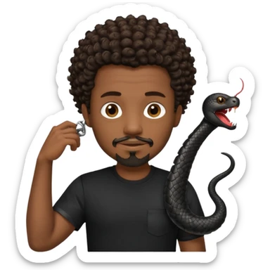 Homme noir, yeux marron avec un bouc que le menton, cheveux court et bouclé crépus avec dégradé sur le côté, avec un cobra à côté , t-shirt noir  sticker