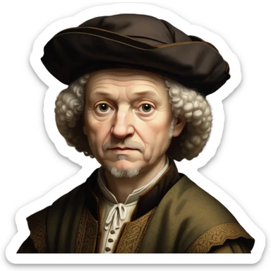 cinematic-realistic-portrait-of-rembrandt,-shown-as-a-master-artist-with-deep,-introspective-eyes-and-richly-detailed-period-clothing,-rendered-with-dramatic-chiaroscuro-lighting-that-emphasizes-his-legacy sticker