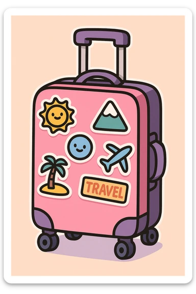 pink and purple rolling suitcase with various travel stickers, thick line art, flat pastel colors, graphic shadows and highlights, white sticker outline, cute cartoon style sticker