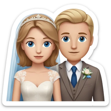 portrait of a bride with light brown hair and grey-blue eyes, and a groom with blonde hair, blue eyes, wearing a brown suit sticker