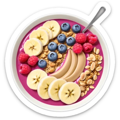 smoothie bowl with bananas, raspberries, blueberries, granola and peanut butter sticker