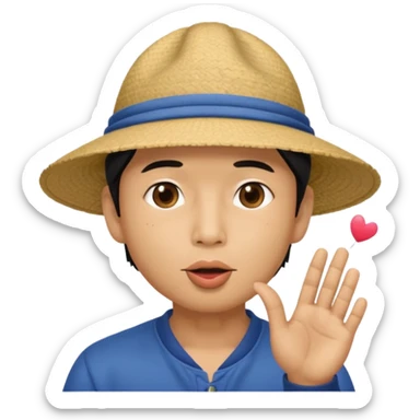 asian man in asian hat blowing a liss sticker