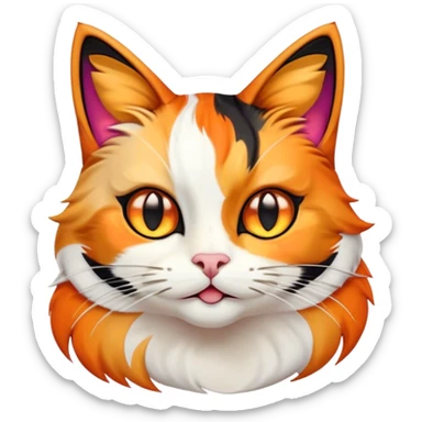 Cinematic Comical Calico Cat Portrait Emoji, Head tilted dramatically with an exaggeratedly surprised expression, showcasing a vibrant patchwork fur of orange, black, and white with wide, comically expressive eyes, simplified yet hilariously detailed, glowing with a sassy, golden radiance, high shine, exuding playful mischief and cheeky feline attitude, styled with a soft glowing outline, capturing the essence of a calico cat that looks ready to leap off the screen with mischievous flair! sticker
