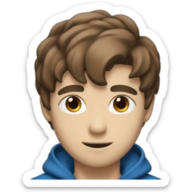 a guy with an emo haircut, a blue jacket and blue eyes.  and brown hair. sticker